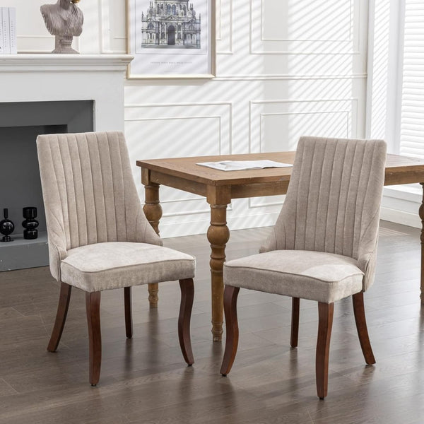 Kido Set of 2 Fabric Channel Tufted Dining Chairs with Curved Wood Legs -Beige