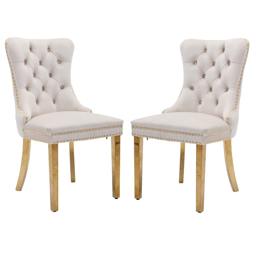 Draco Set of 2 Velvet Dining Chairs with Golden Steel Legs-Beige