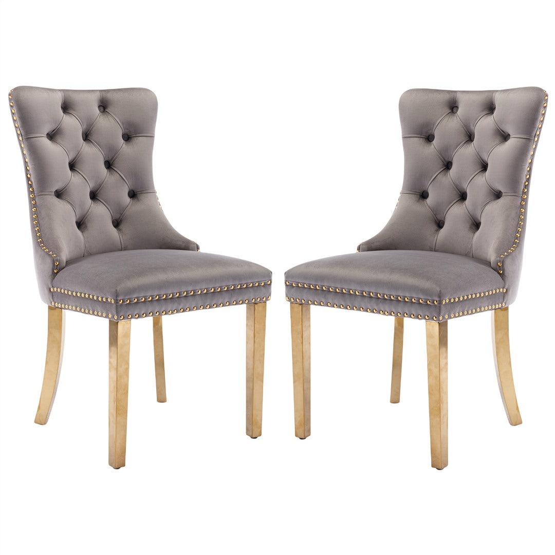 Draco Set of 2 Velvet Dining Chairs with Golden Steel Legs-Grey