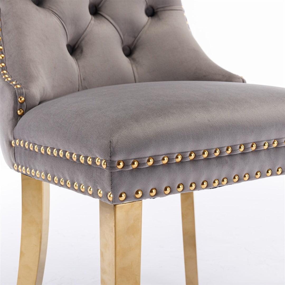 Draco Set of 2 Velvet Dining Chairs with Golden Steel Legs-Grey