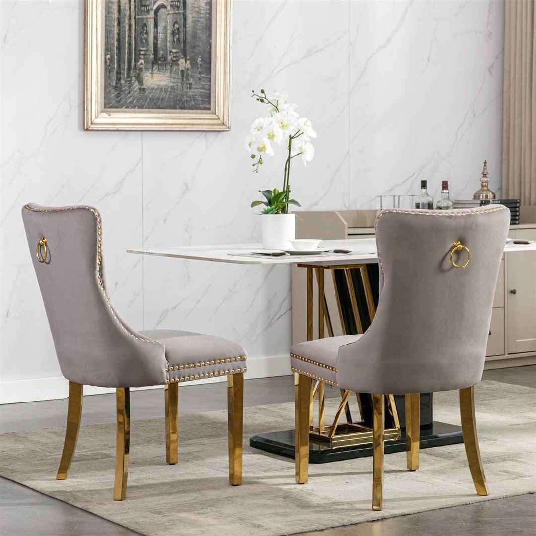 Draco Set of 2 Velvet Dining Chairs with Golden Steel Legs-Grey