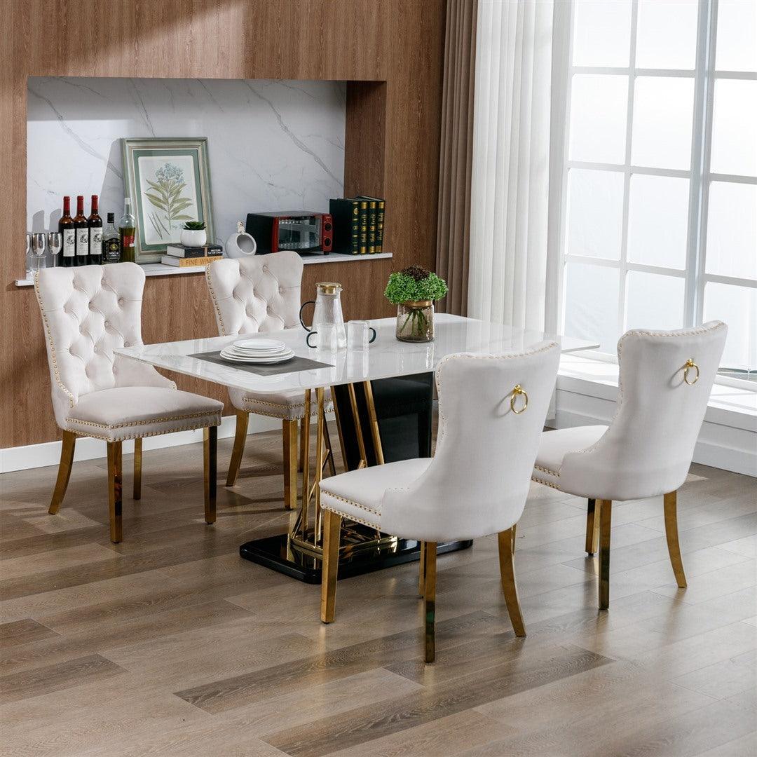 Draco Set of 2 Velvet Dining Chairs with Golden Steel Legs-Beige