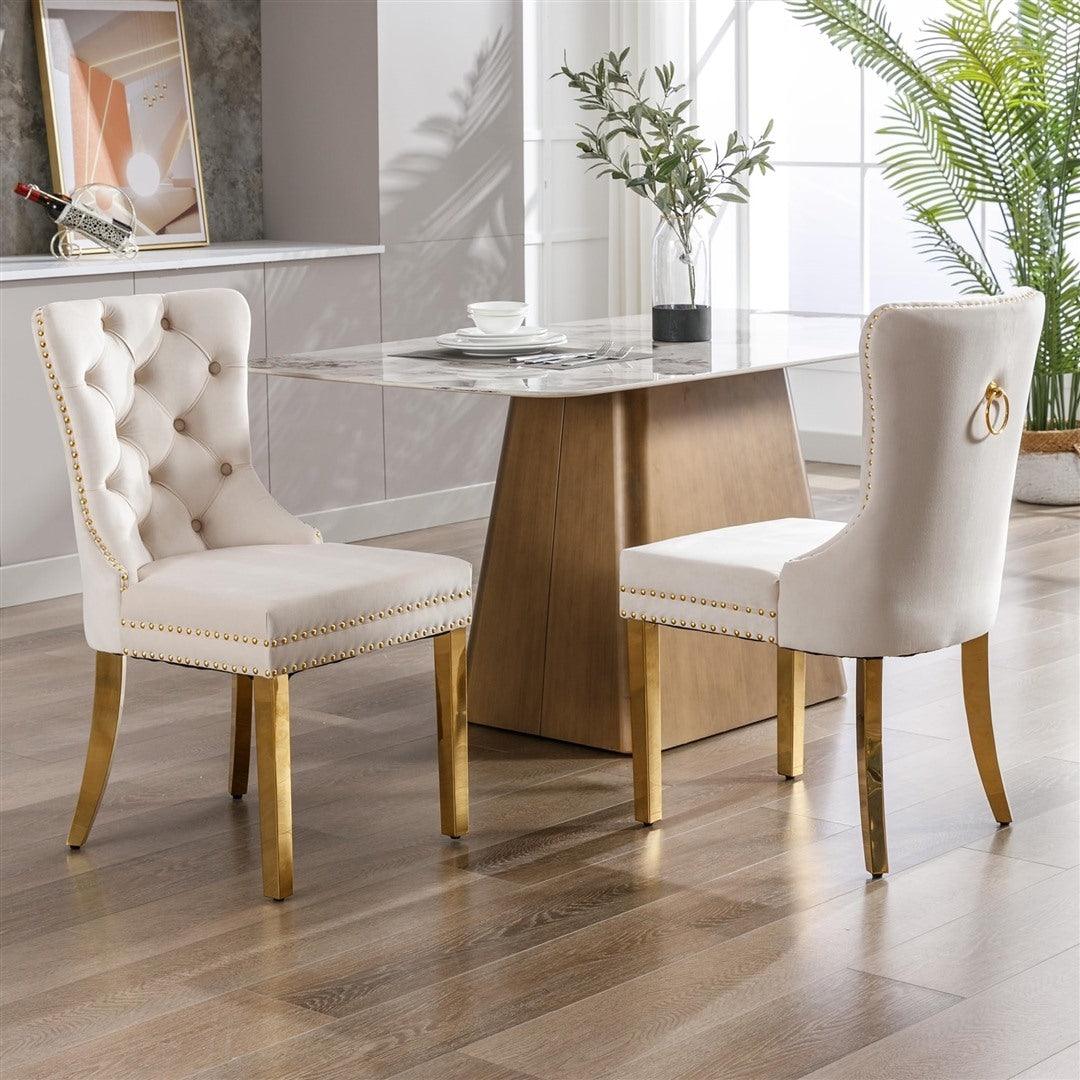 Draco Set of 2 Velvet Dining Chairs with Golden Steel Legs-Beige