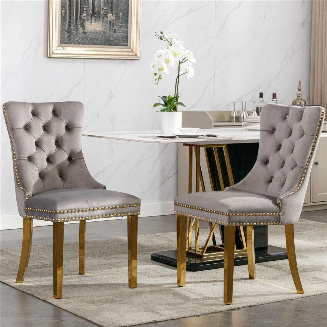 Draco Set of 2 Velvet Dining Chairs with Golden Steel Legs-Grey