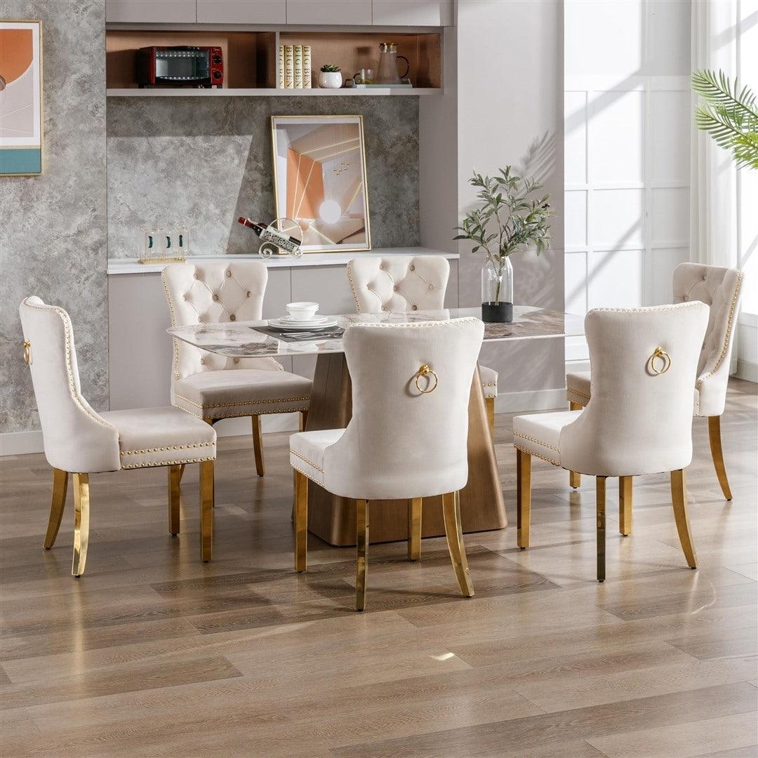 Draco Set of 2 Velvet Dining Chairs with Golden Steel Legs-Beige