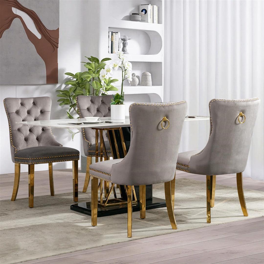 Draco Set of 2 Velvet Dining Chairs with Golden Steel Legs-Grey