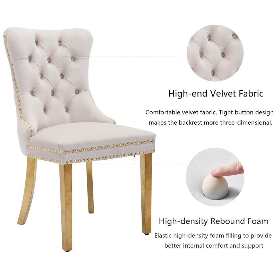 Draco Set of 2 Velvet Dining Chairs with Golden Steel Legs-Beige