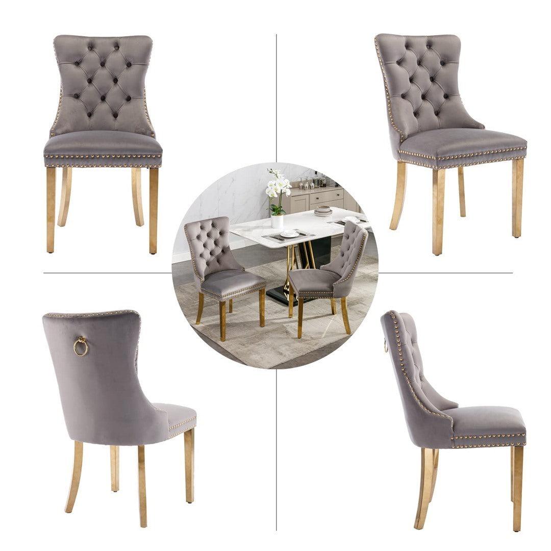 Draco Set of 2 Velvet Dining Chairs with Golden Steel Legs-Grey