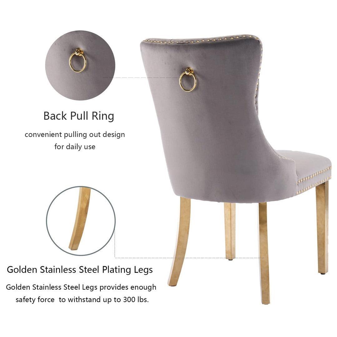 Draco Set of 2 Velvet Dining Chairs with Golden Steel Legs-Grey