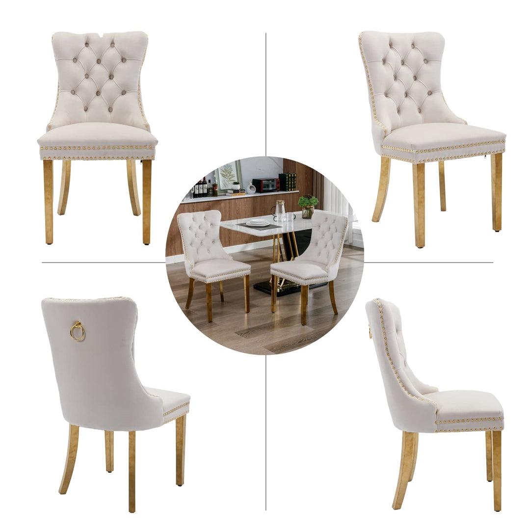 Draco Set of 2 Velvet Dining Chairs with Golden Steel Legs-Beige