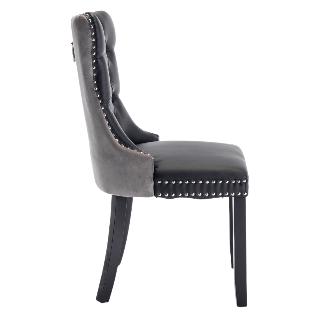 Dino Set of 2 Velvet & Faux Leather Dining Chairs -Black & Grey