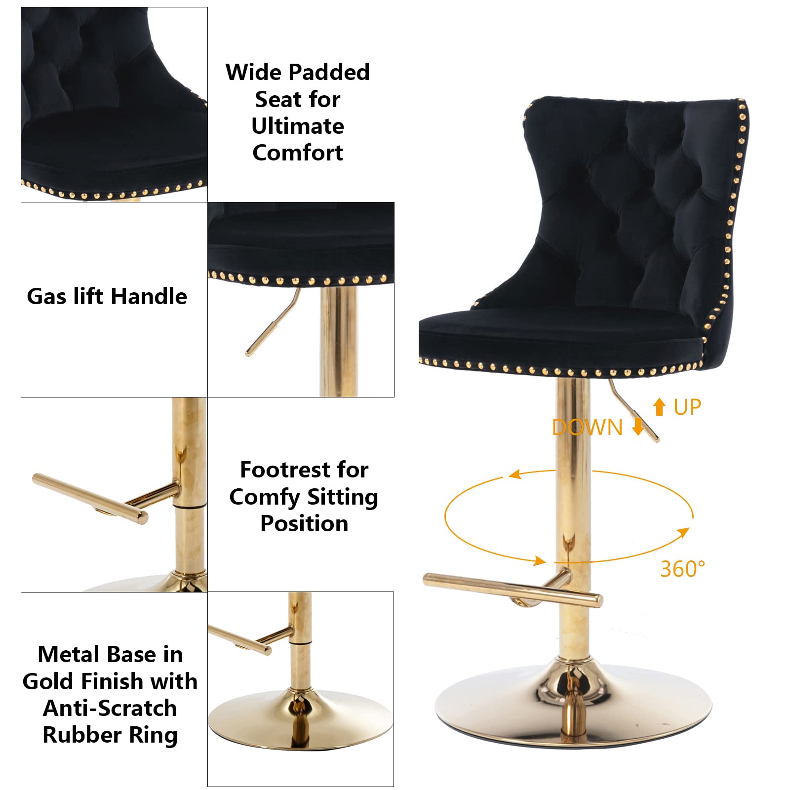 Lorah Set of 2 Golden Base Gas Lift Bar stools- Black