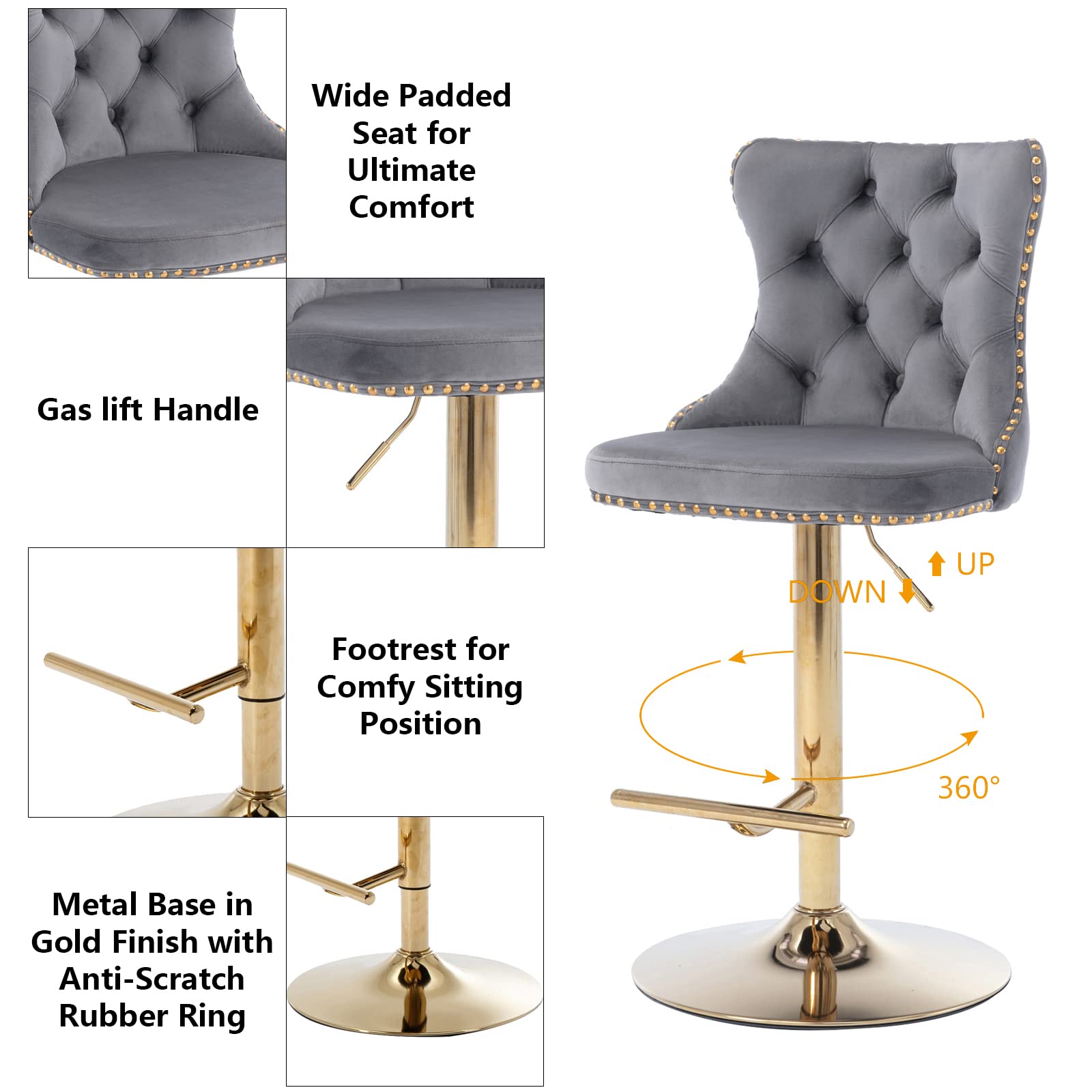 Lorah Set of 2 Golden Base Gas Lift Bar stools- Grey