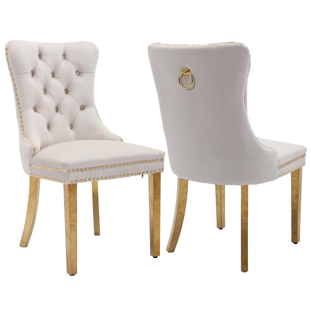 Draco Set of 2 Velvet Dining Chairs with Golden Steel Legs-Beige