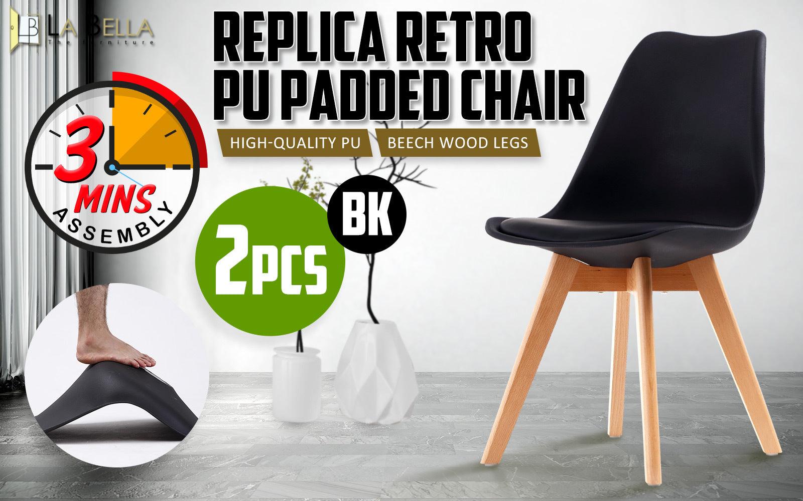 2X Retro Dining Chair Padded Seat BLACK