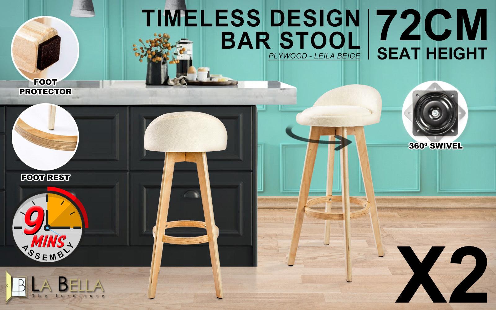 2X Wood Bar Stool Fabric LEILA 72cm BEIGE