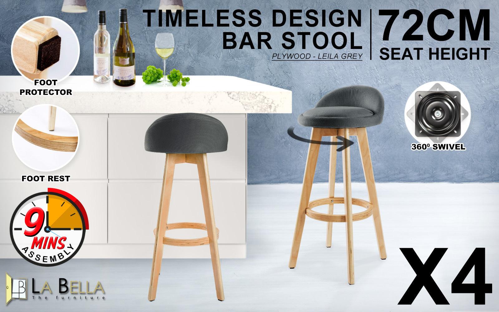 4X Wooden Bar Stool Fabric LEILA 72cm GREY