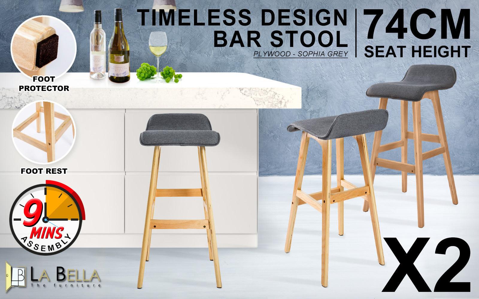 2X Wooden Bar Stool Fabric SOPHIA 74cm GREY