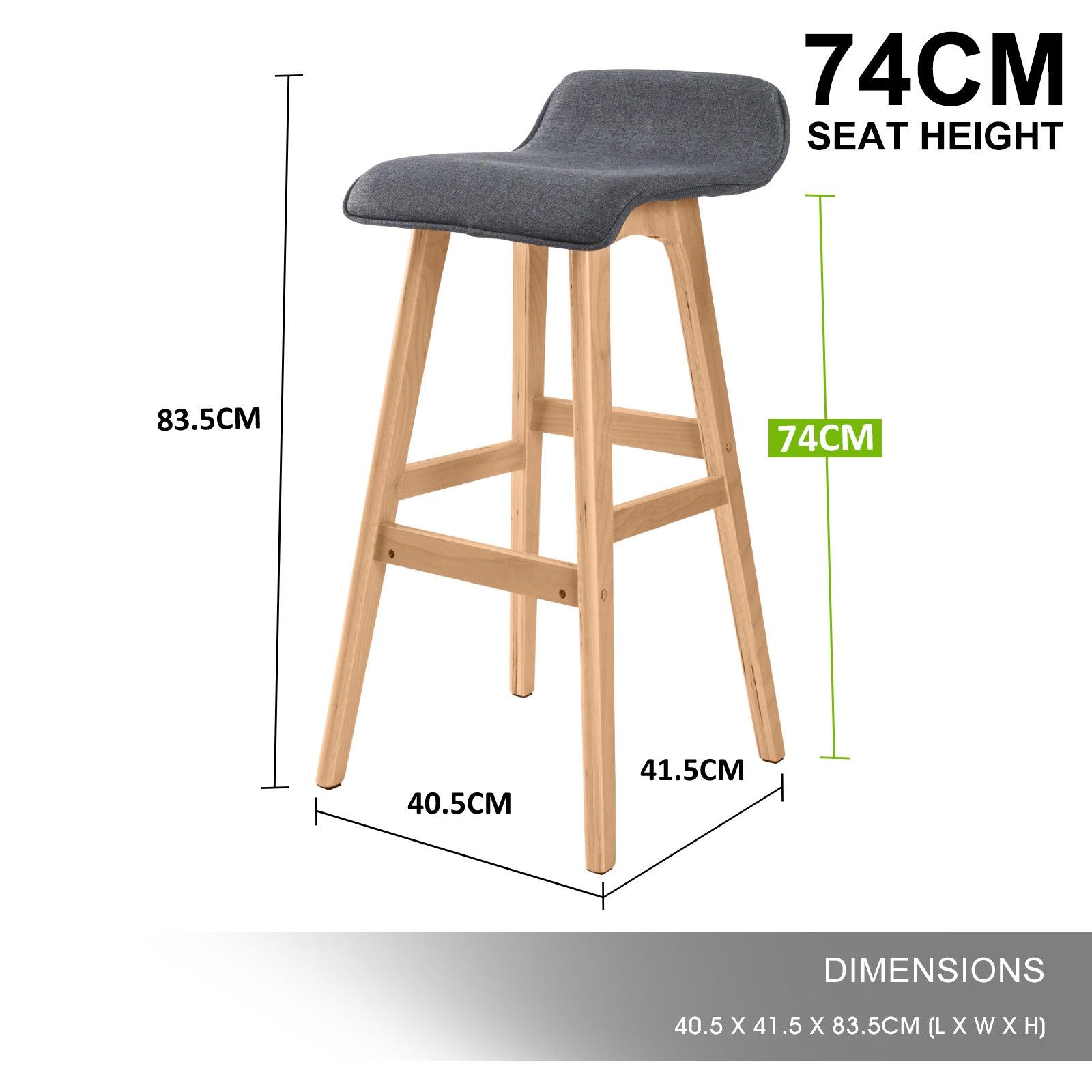 2X Wooden Bar Stool Fabric SOPHIA 74cm GREY