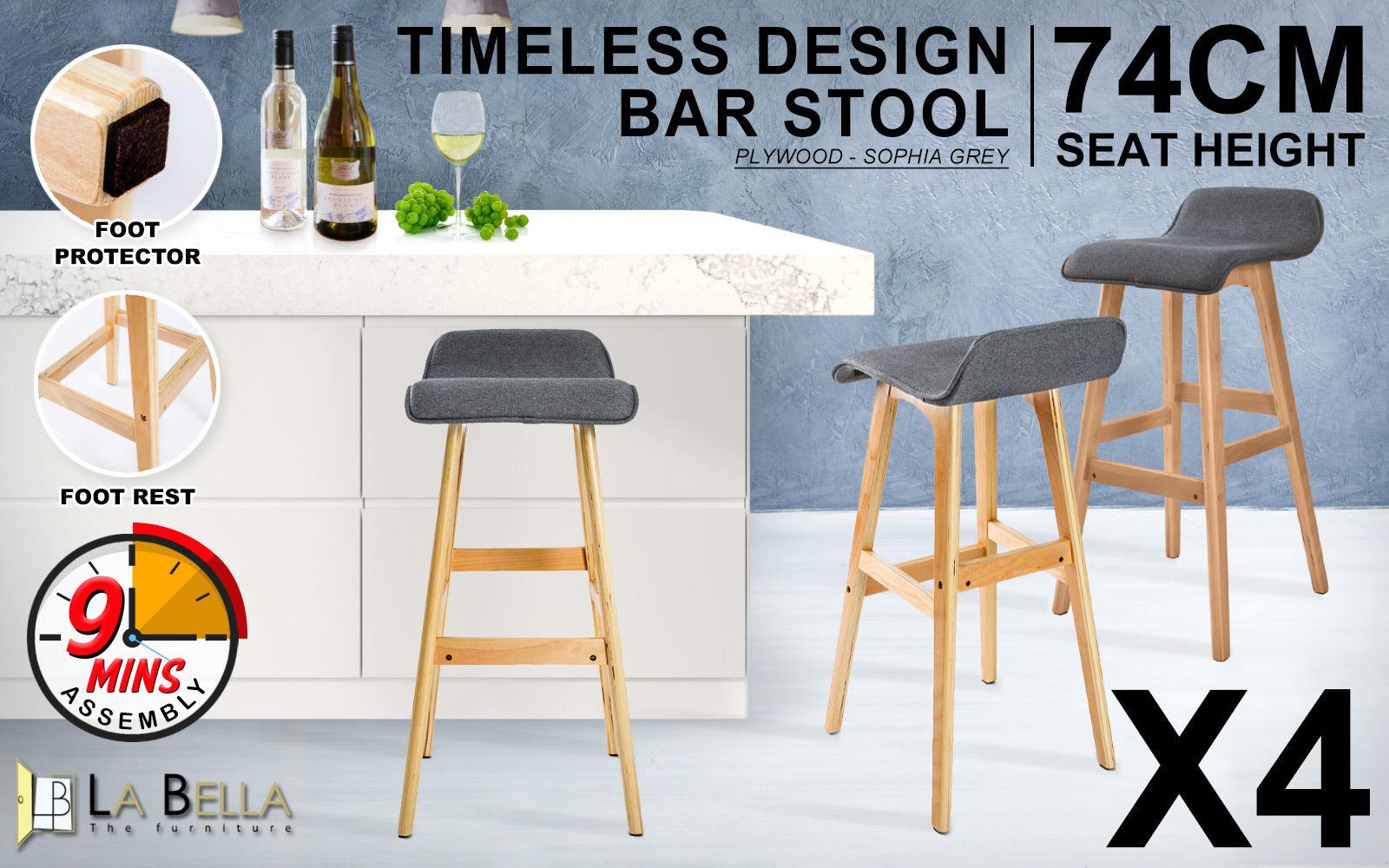 4X Wooden Bar Stool Fabric SOPHIA 74cm GREY