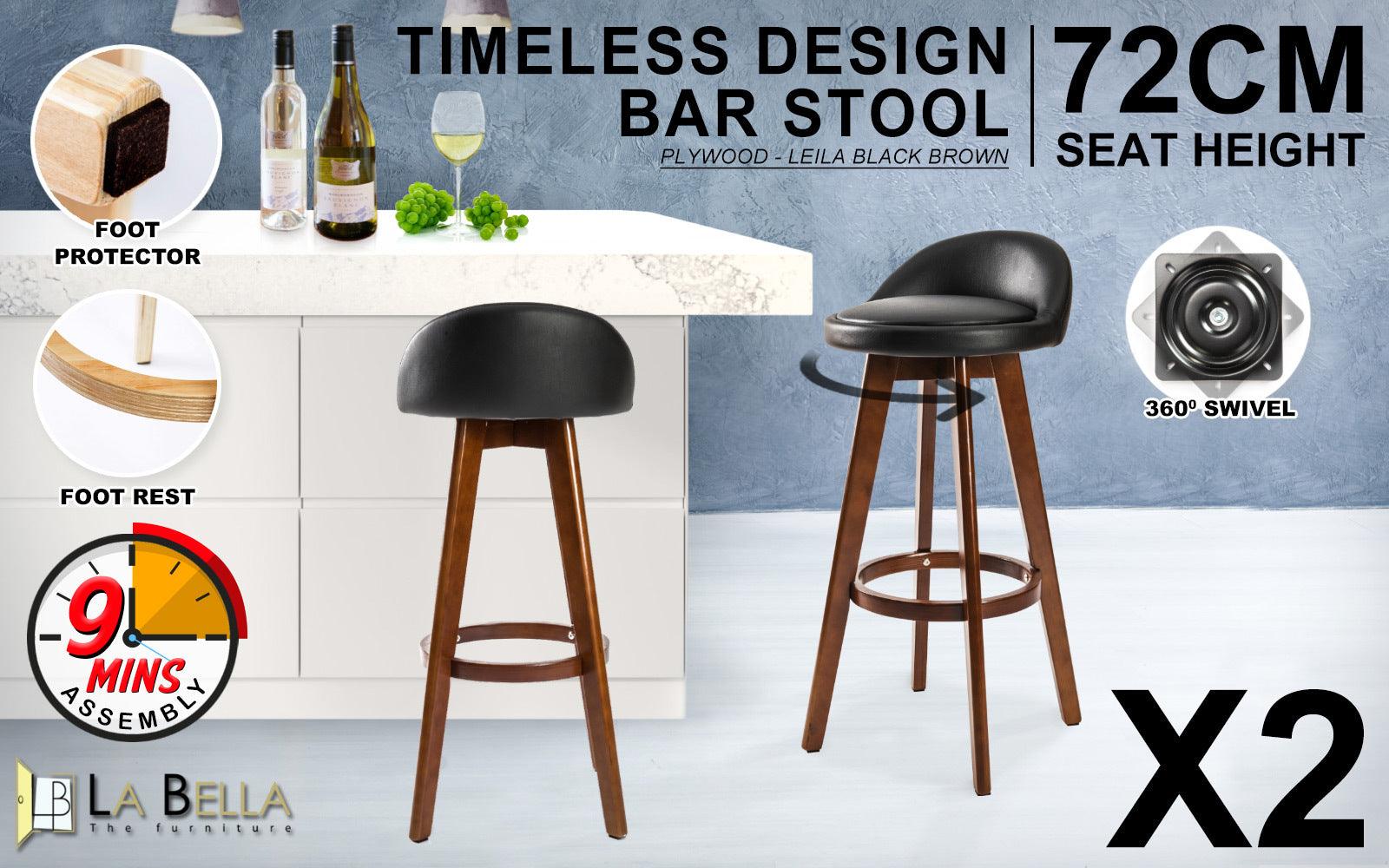 2X Wooden Bar Stool Leather LEILA 72cm BLACK BROWN