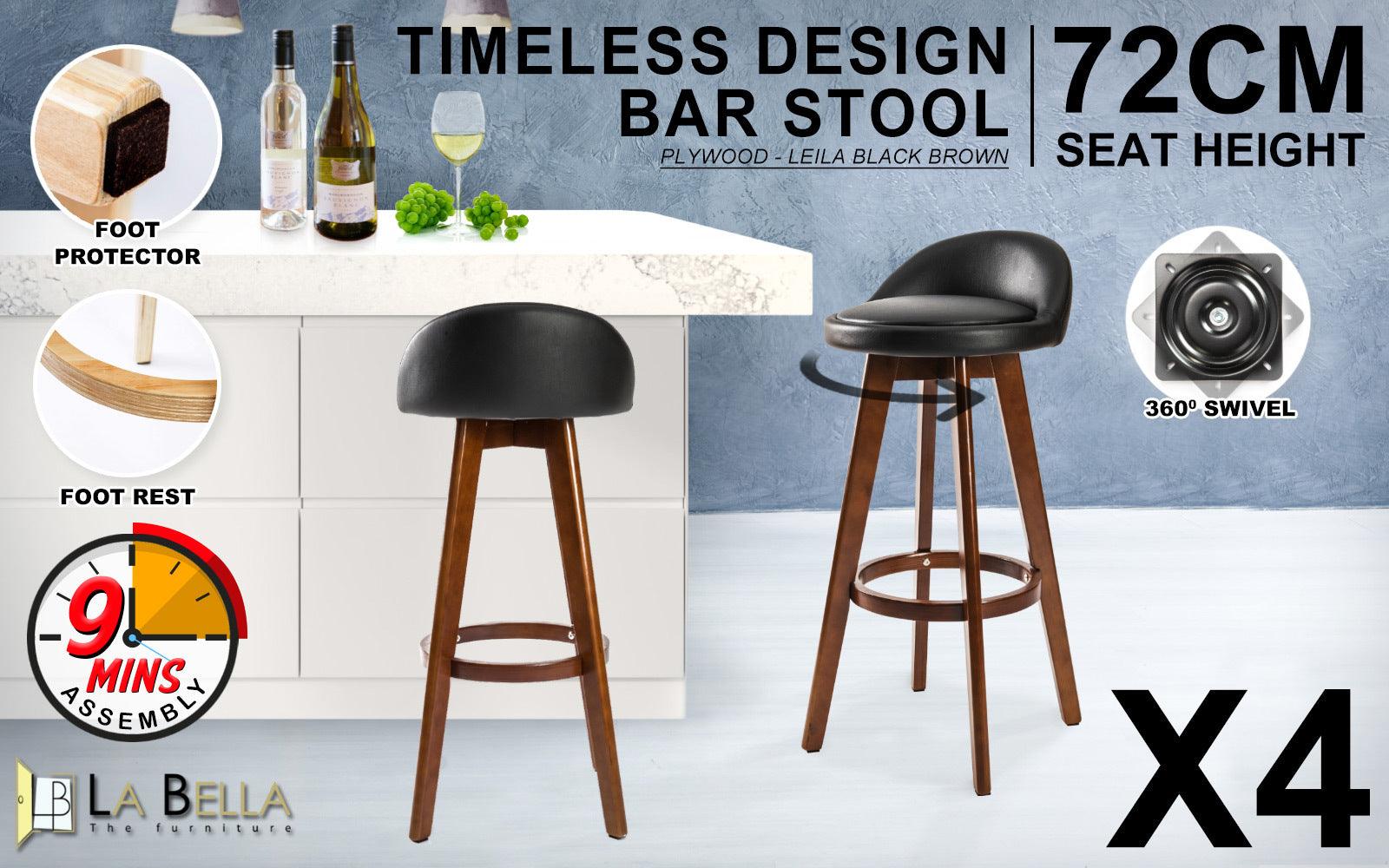 4X Wooden Bar Stool Leather LEILA 72cm BLACK BROWN