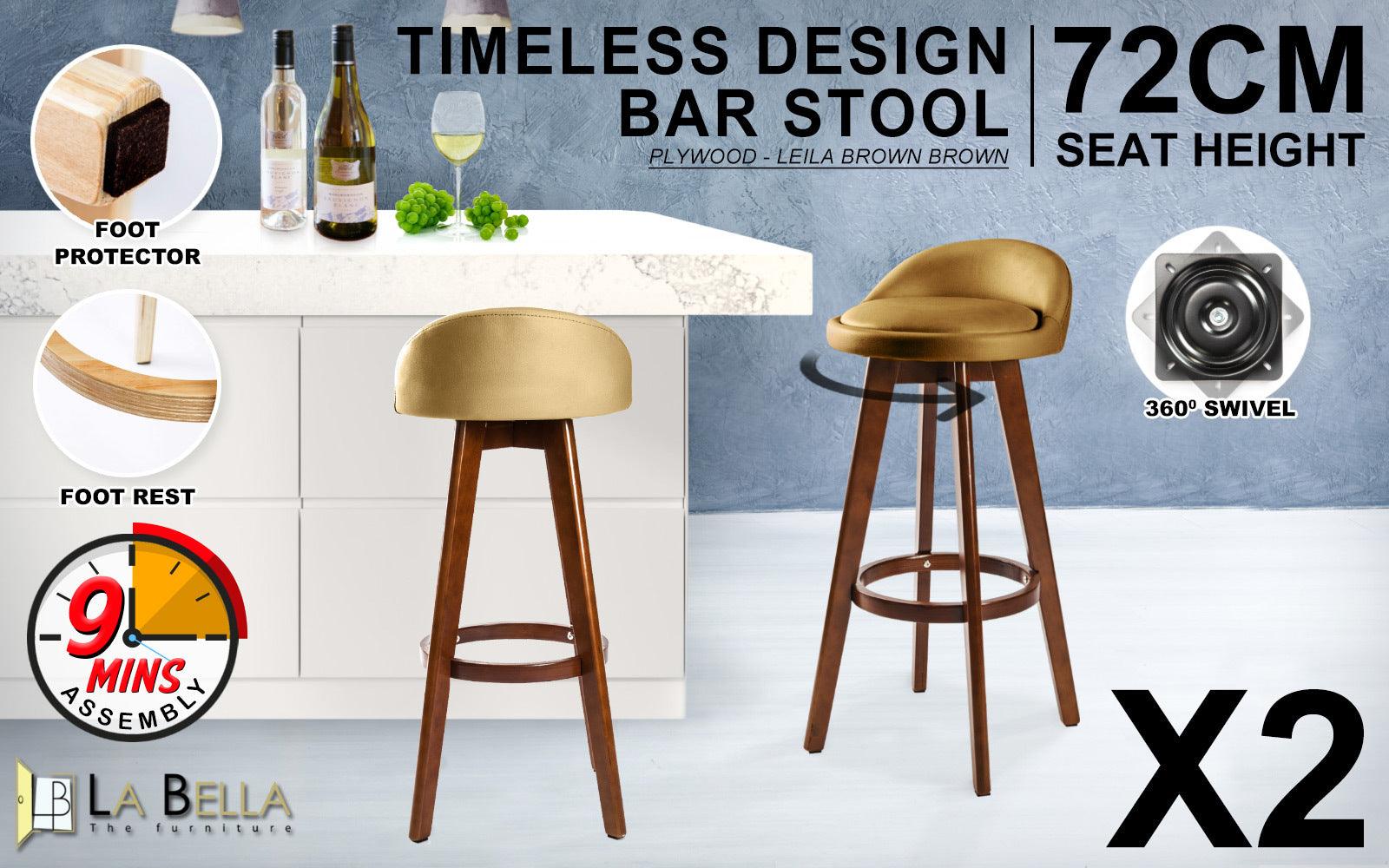 2X Wooden Bar Stool Leather LEILA 72cm COFFEE BROWN