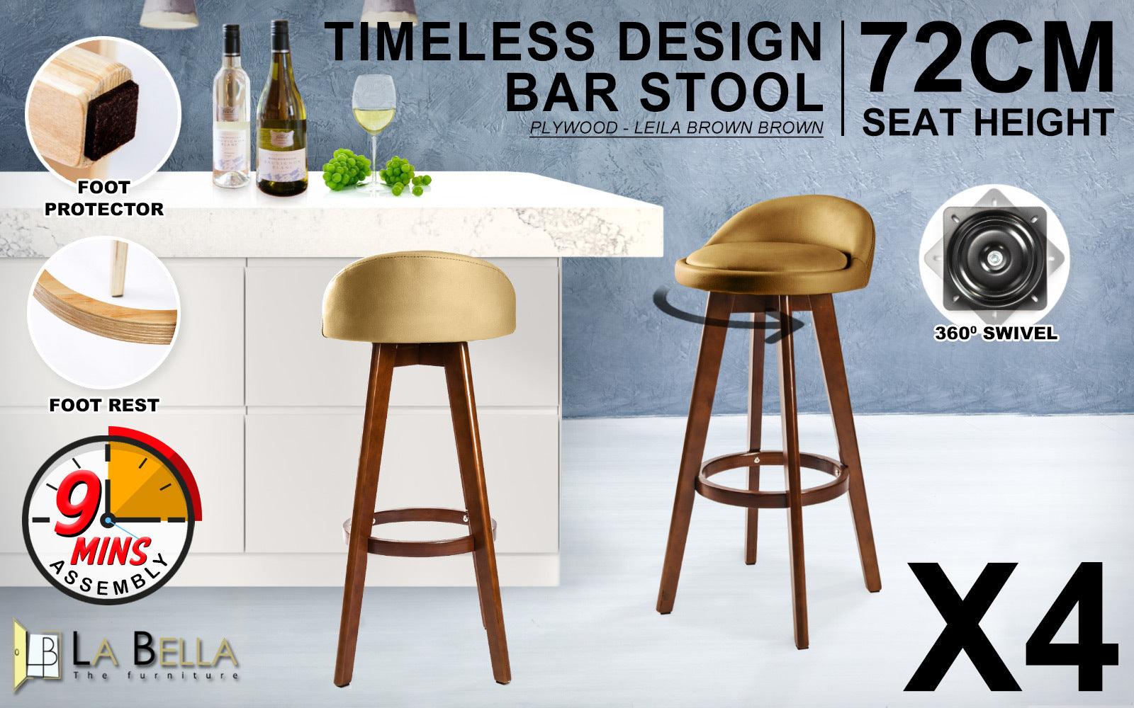 4X Wooden Bar Stool Leather LEILA 72cm COFFEE BROWN