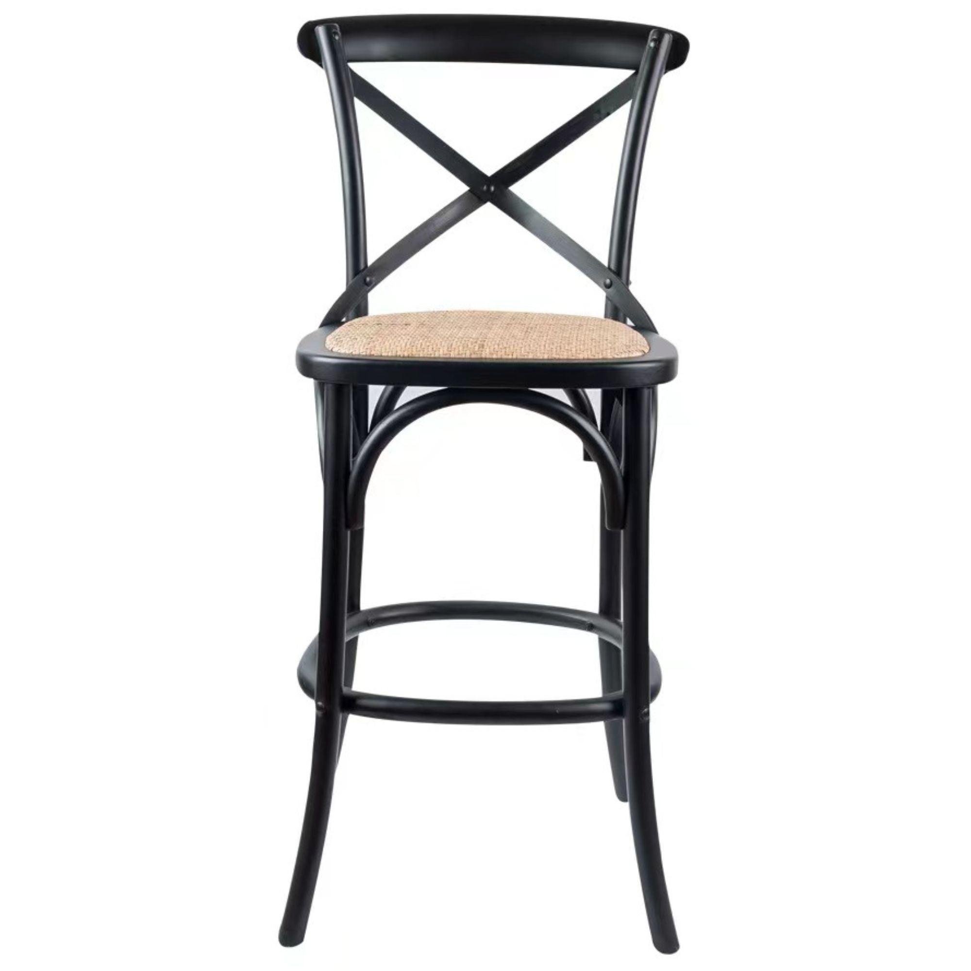 Aster 3pc Crossback Bar Stools Dining Chair Solid Birch Timber Rattan Seat Black