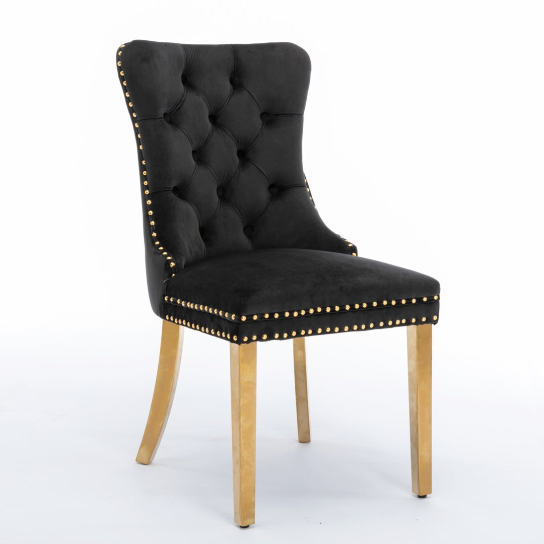 Draco Set of 2 Velvet Dining Chairs with Golden Steel Legs-Black
