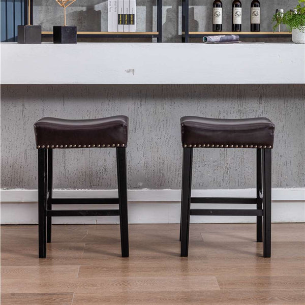 2x Wooden Legs Saddle Bar Stools Backless Leather Padded Counter Chairs Brown 66cm Height Odin Furniture