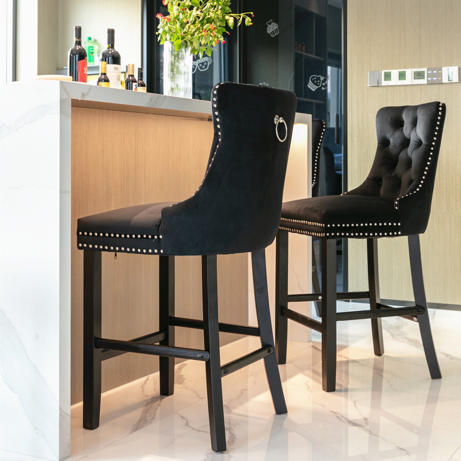 2X Velvet Bar Stools with Studs Trim Wooden Legs Tufted Bar Chairs Kitchen-Black Odin Furniture