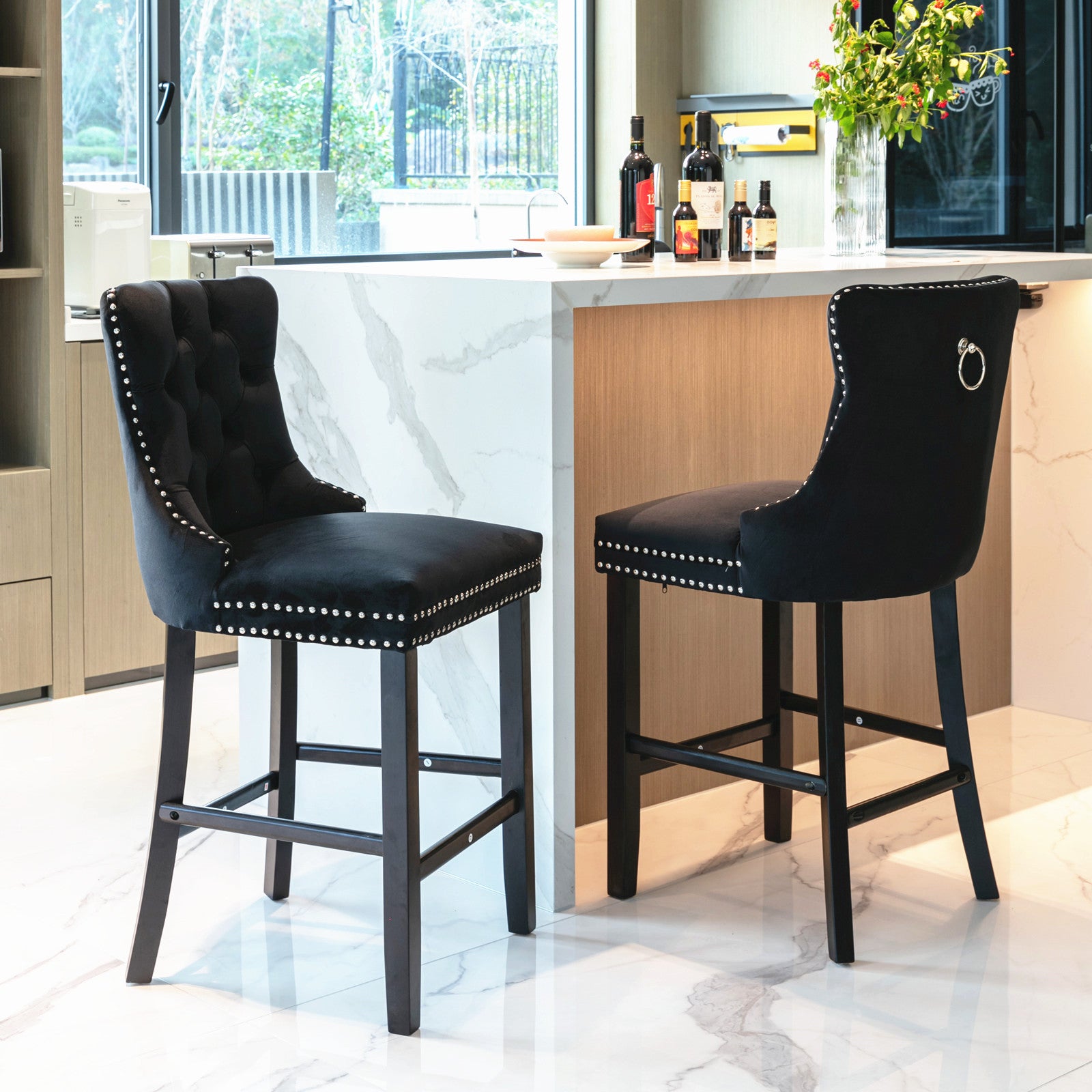 2X Velvet Bar Stools with Studs Trim Wooden Legs Tufted Bar Chairs Kitchen-Black Odin Furniture