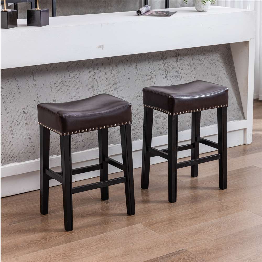 2x Wooden Legs Saddle Bar Stools Backless Leather Padded Counter Chairs Brown 66cm Height Odin Furniture
