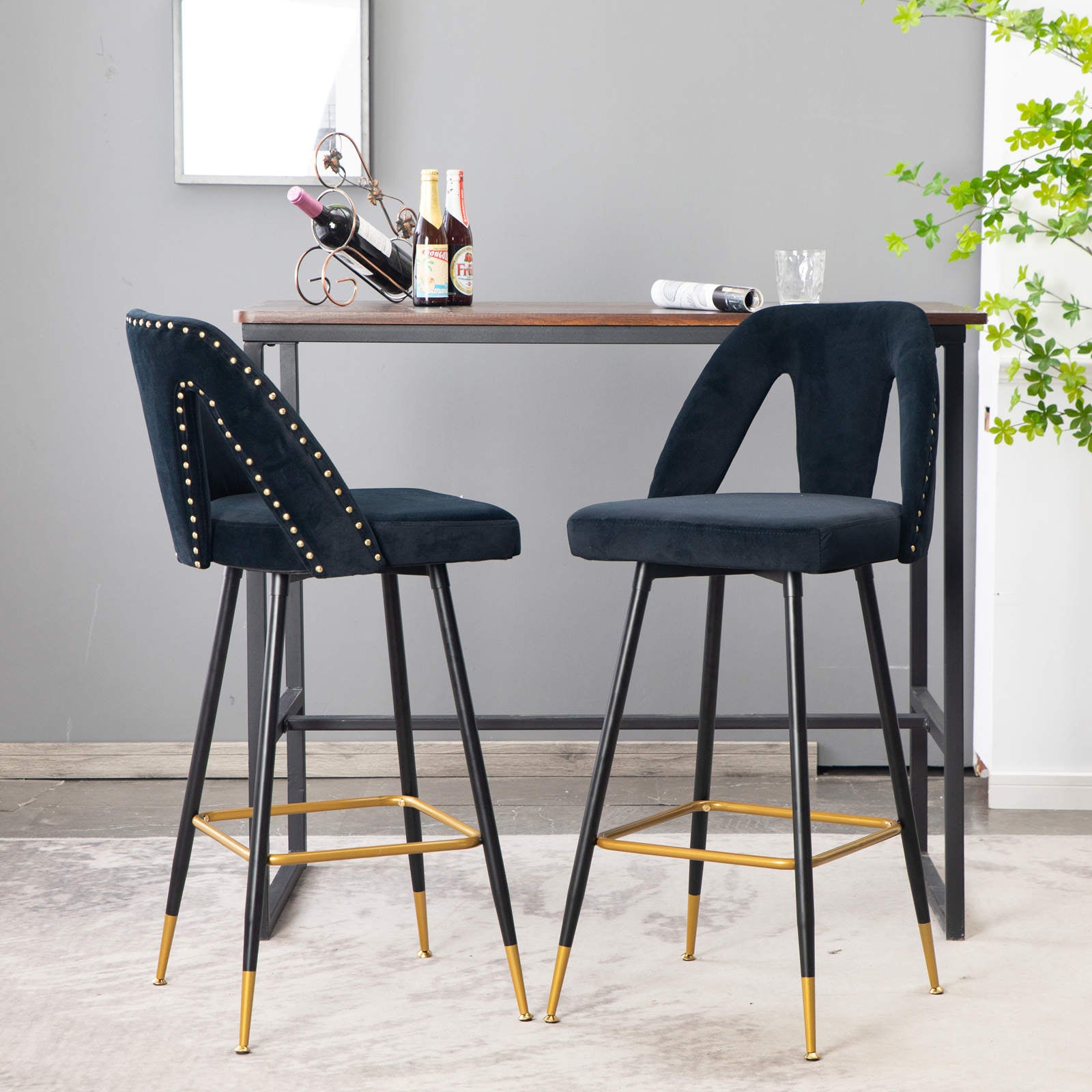 2x Velvet Bar Stool Gold Metal Legs Barstool Kitchen Chair with Studs-Black Odin Furniture