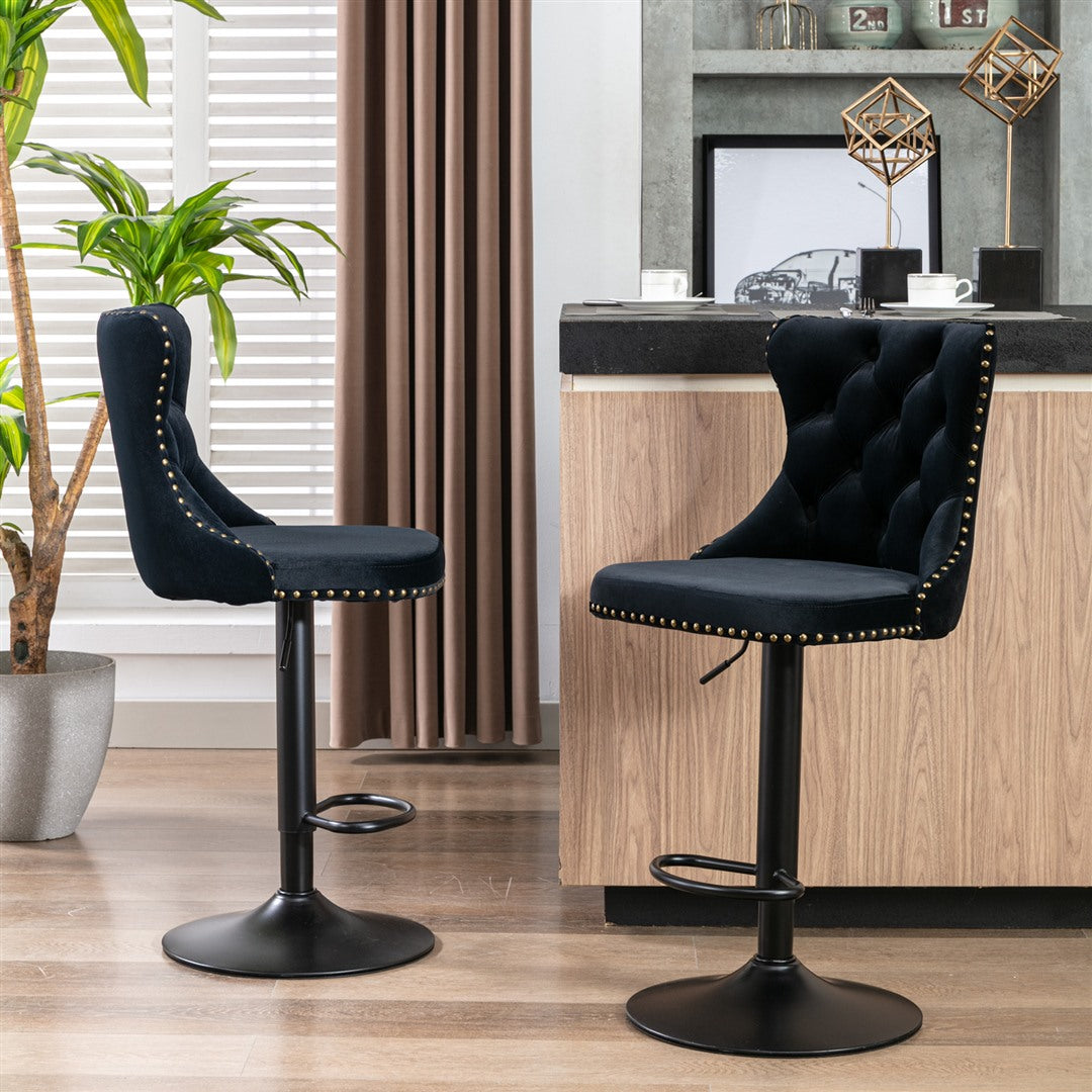 2x Height Adjustable Swivel Bar Stool Velvet Nailhead Barstool with Footrest- Black Odin Furniture