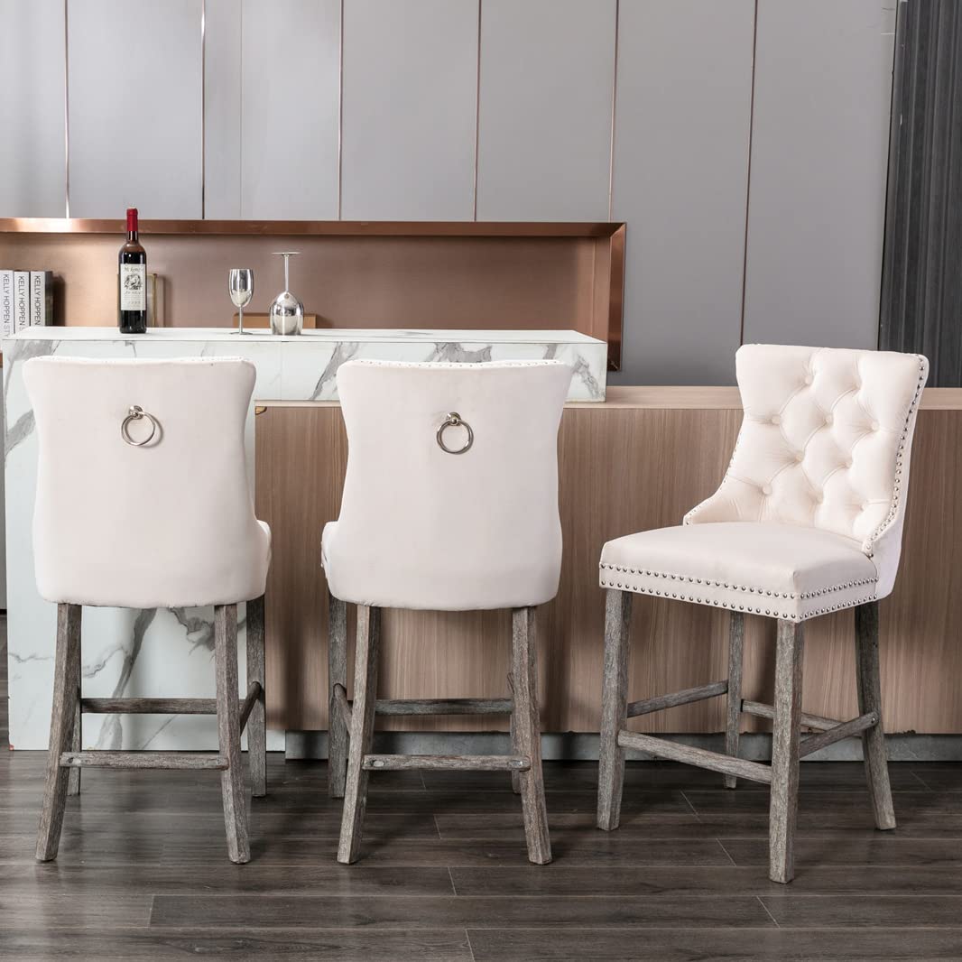 2X Velvet Bar Stools with Studs Trim Wooden Legs Tufted Kitchen Chairs Kitchen-Beige Odin Furniture