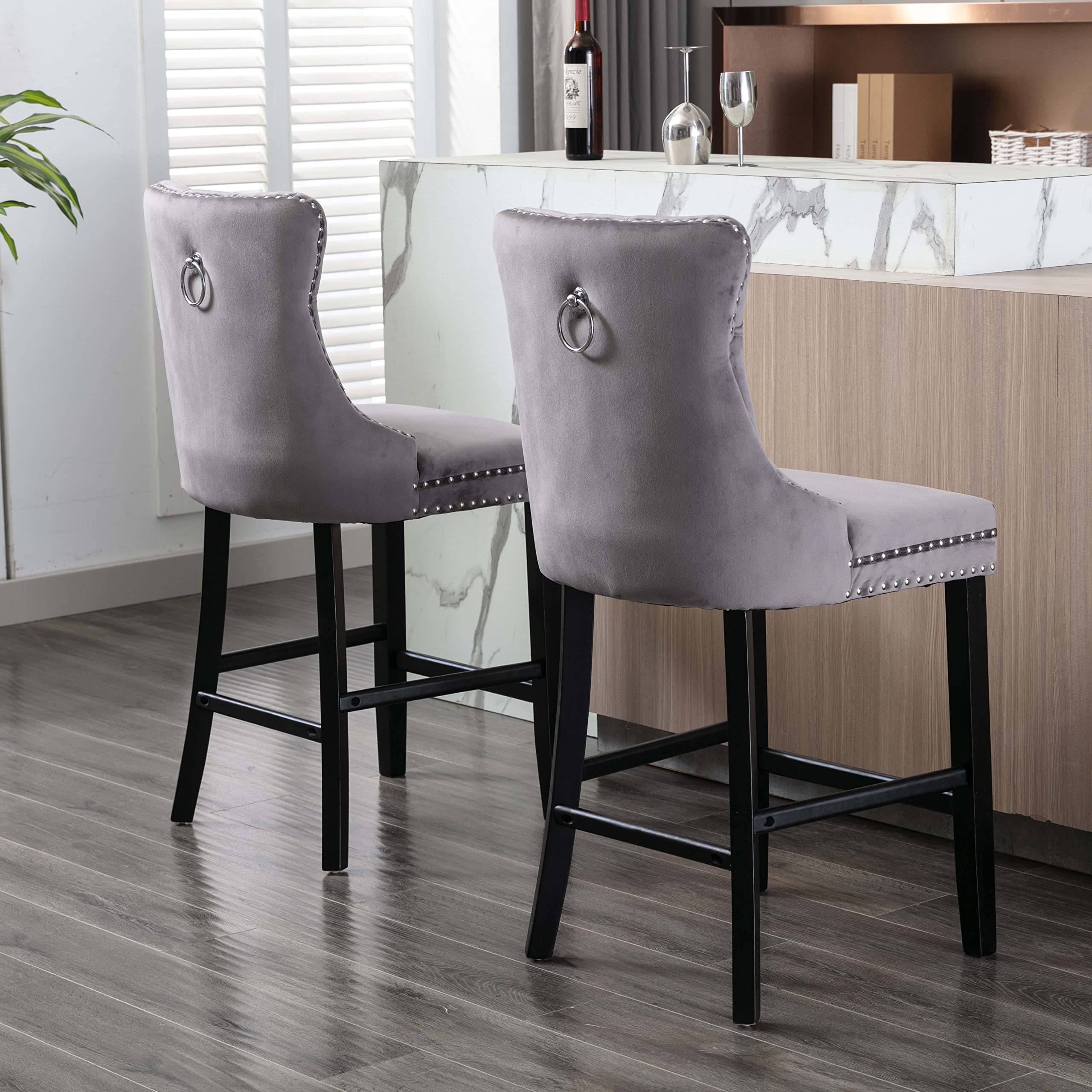 2X Velvet Bar Stools with Studs Trim Wooden Legs Tufted Counter Chairs Kitchen-Gray Odin Furniture