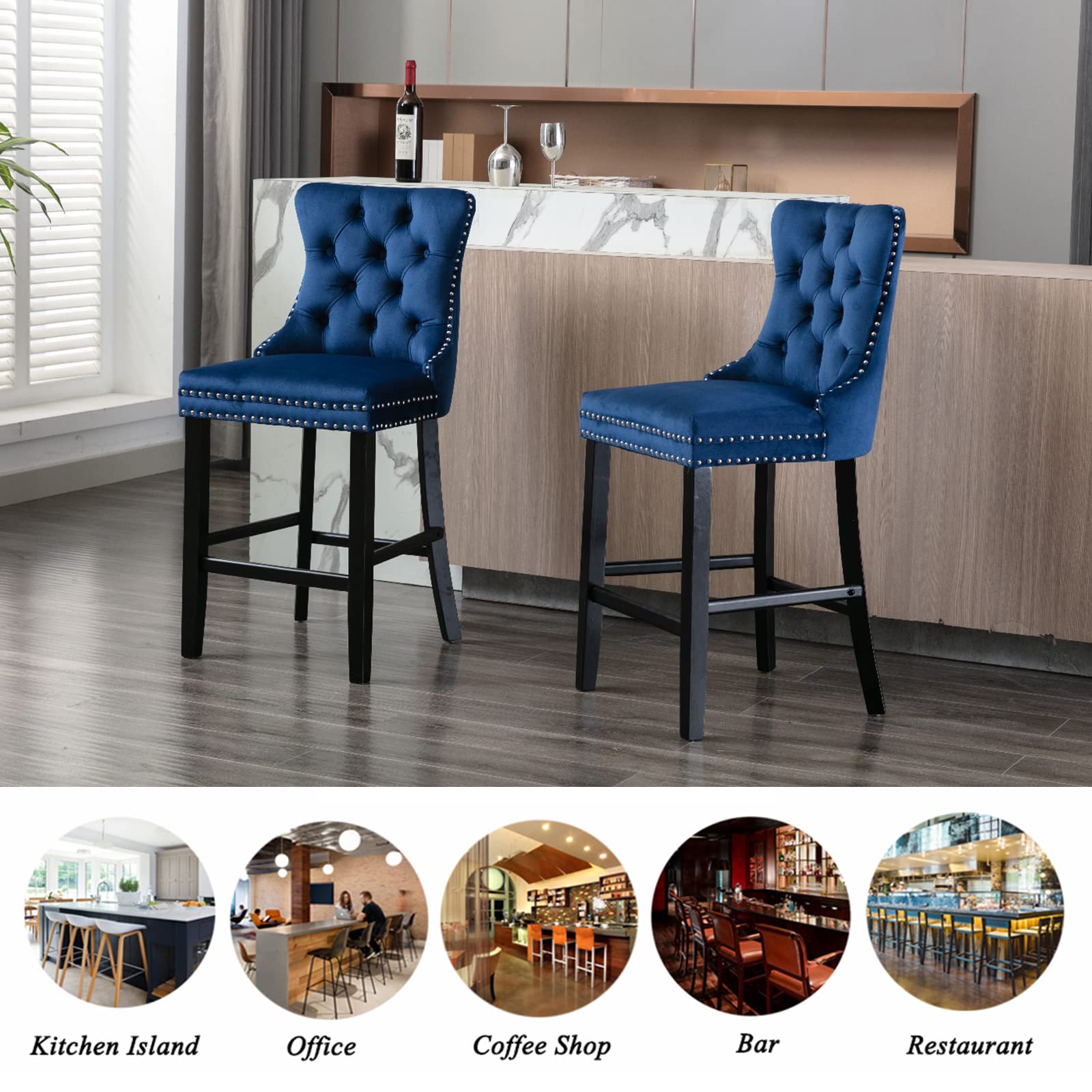 2X Velvet Bar Stools with Studs Trim Wooden Legs Tufted Kitchen Chairs Kitchen-Blue Odin Furniture