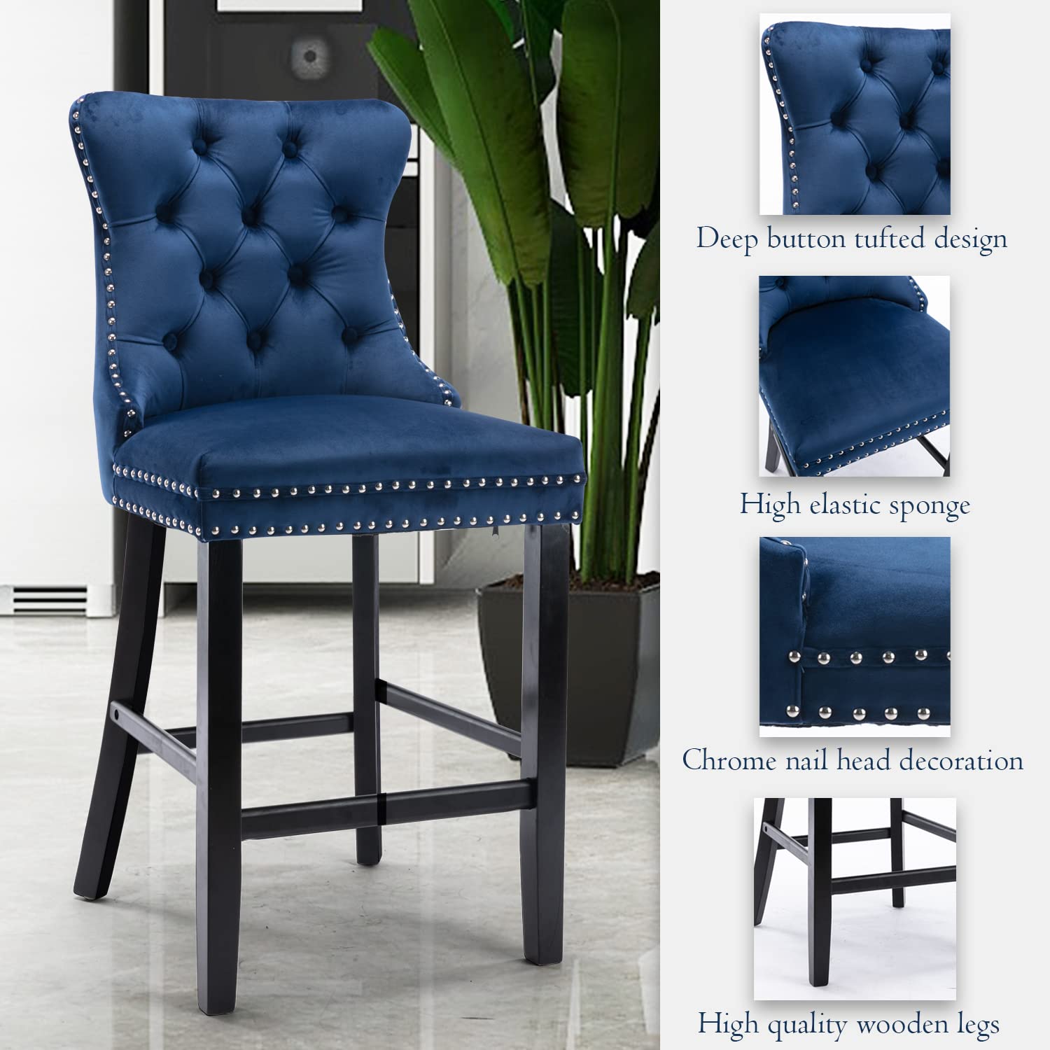 2X Velvet Bar Stools with Studs Trim Wooden Legs Tufted Kitchen Chairs Kitchen-Blue Odin Furniture