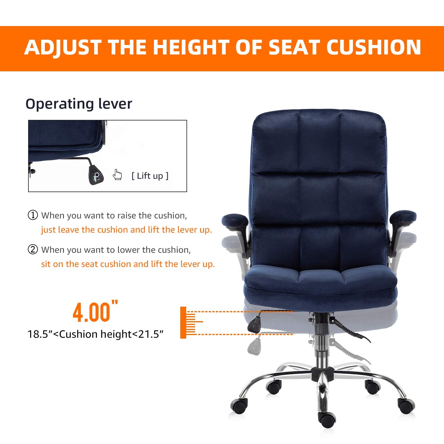 Velvet Home Ergonomic Swivel Adjustable Tilt Angle and Flip-up Arms Office Chair -Blue Odin Furniture