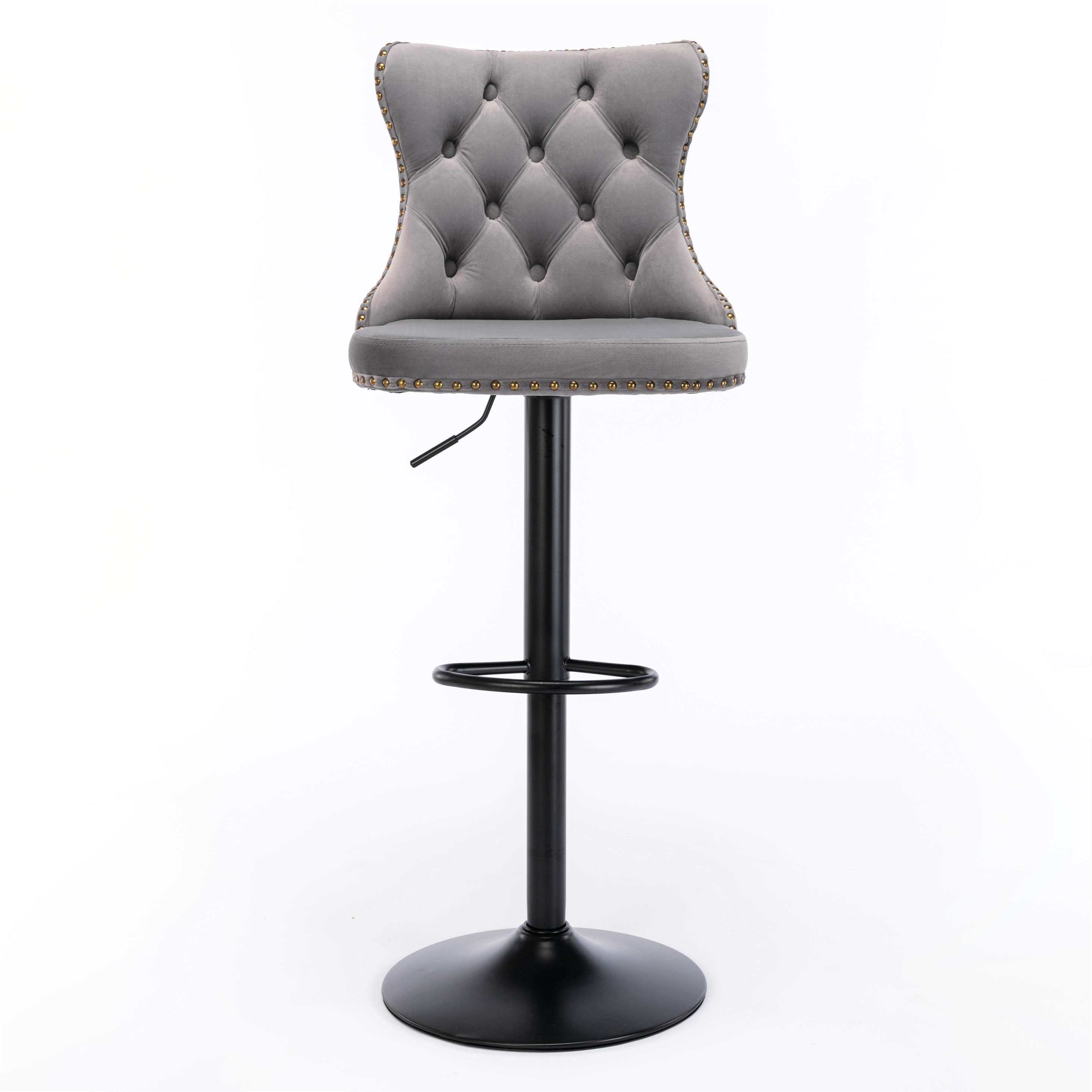 2x Height Adjustable Swivel Bar Stool Velvet Nailhead Barstool with Footrest- Gray Odin Furniture
