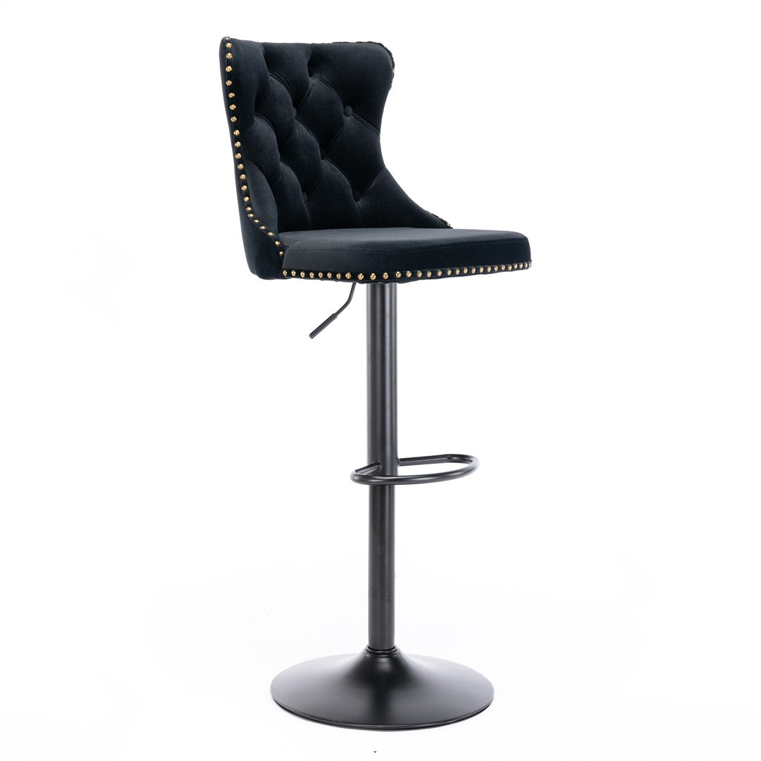 2x Height Adjustable Swivel Bar Stool Velvet Nailhead Barstool with Footrest- Black Odin Furniture
