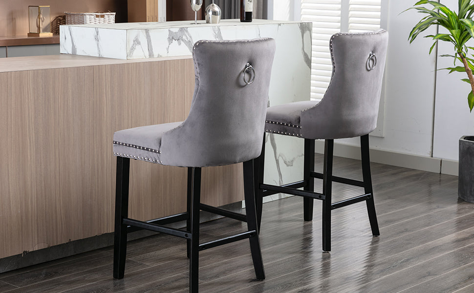 2X Velvet Bar Stools with Studs Trim Wooden Legs Tufted Counter Chairs Kitchen-Gray Odin Furniture