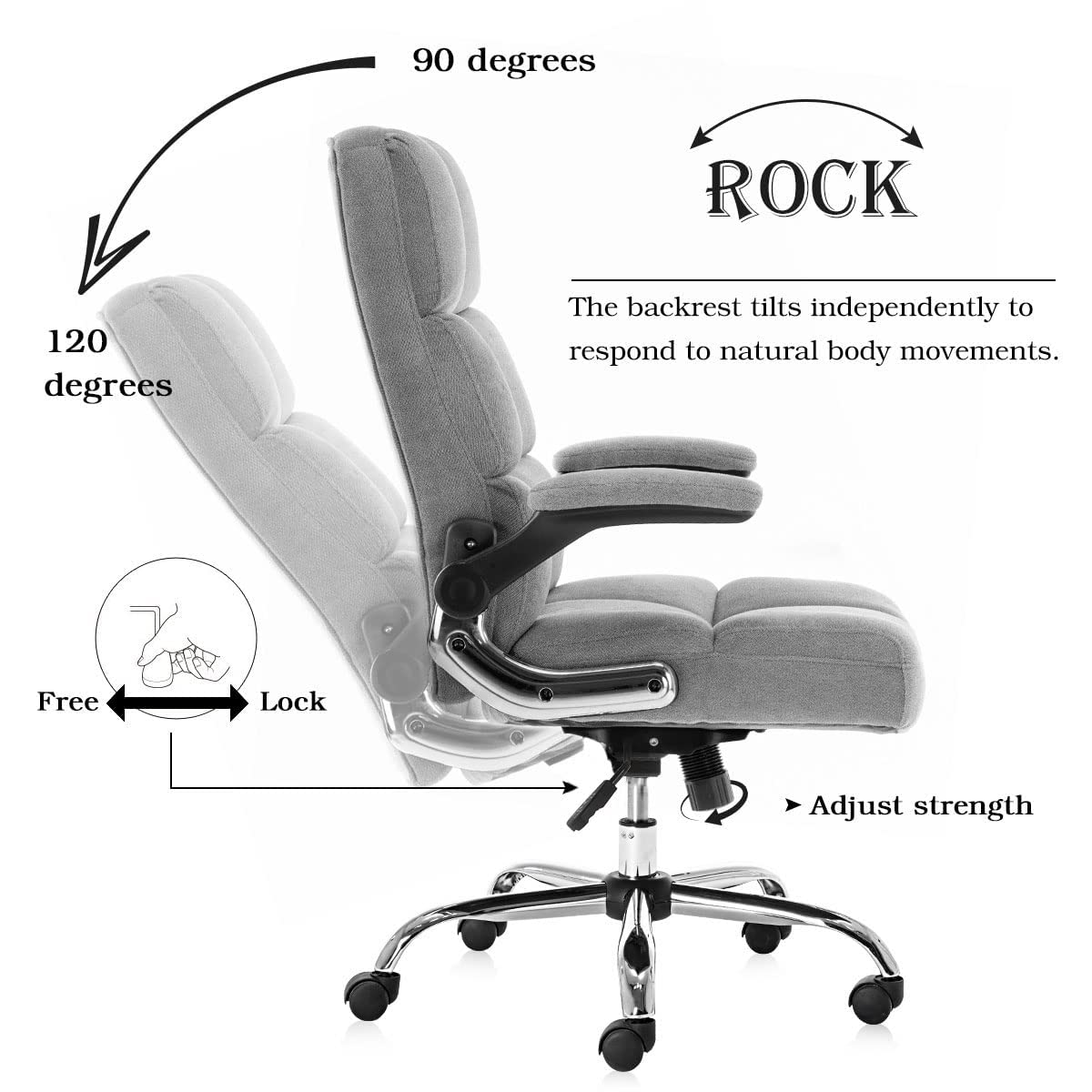 Fabric Home Ergonomic Swivel Adjustable Tilt Angle and Flip-up Arms Office Chair -Gray Odin Furniture