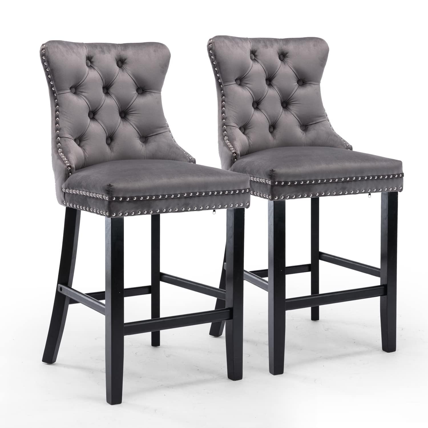 Siena Set of 2 Velvet Bar Stools -Grey - Odin Furniture