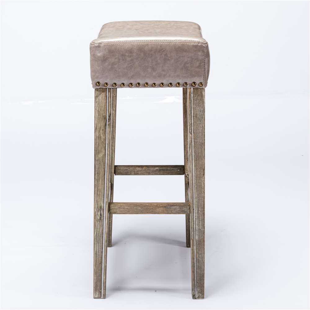 Odin Furniture 2x Wooden Legs Saddle Bar Stools Leather Padded Counter Chairs with studs Gray 74.5cm Height