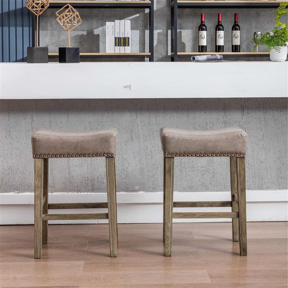 2x Wooden Legs Saddle Bar Stools Backless Leather Padded Counter Chairs Gray 66cm Odin Furniture