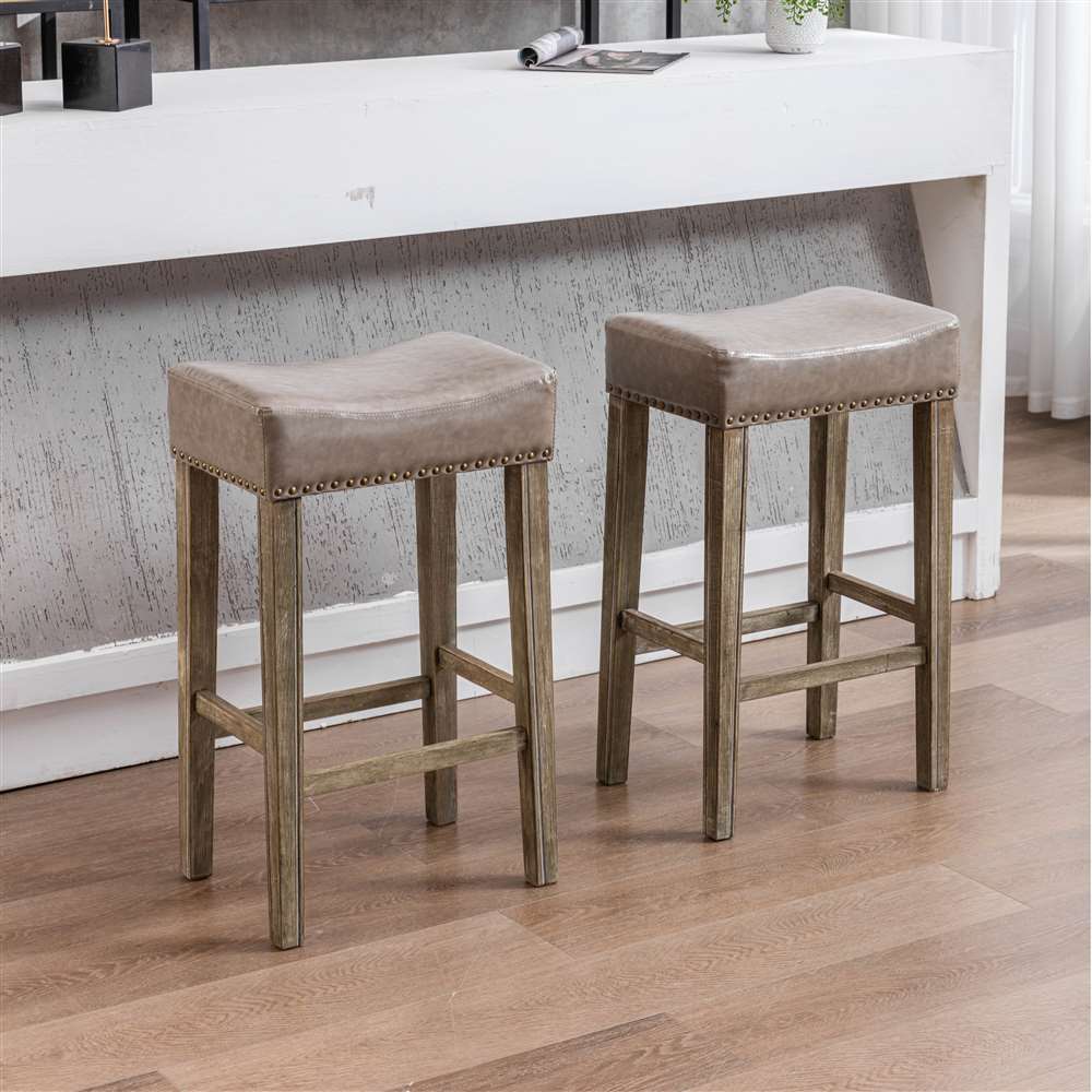 Odin Furniture 2x Wooden Legs Saddle Bar Stools Leather Padded Counter Chairs with studs Gray 74.5cm Height