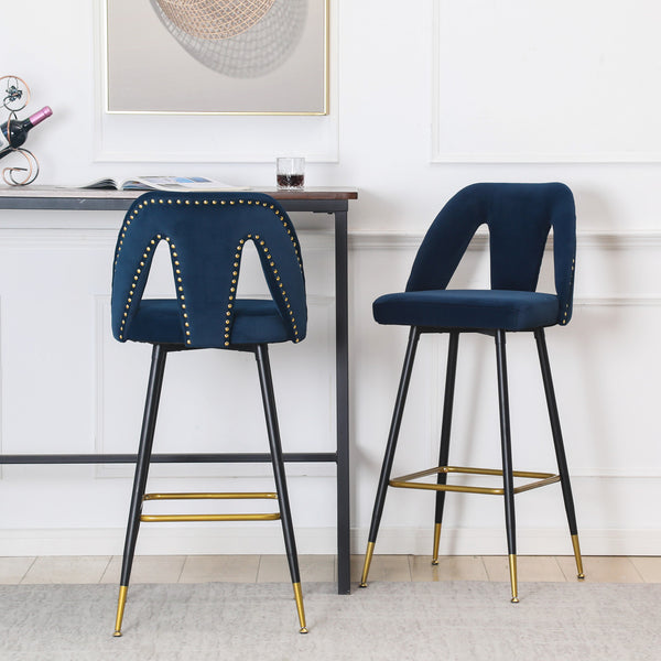 2x Velvet Bar Stool Gold Metal Legs Barstool Kitchen Chair with Stud trim-Blue Odin Furniture